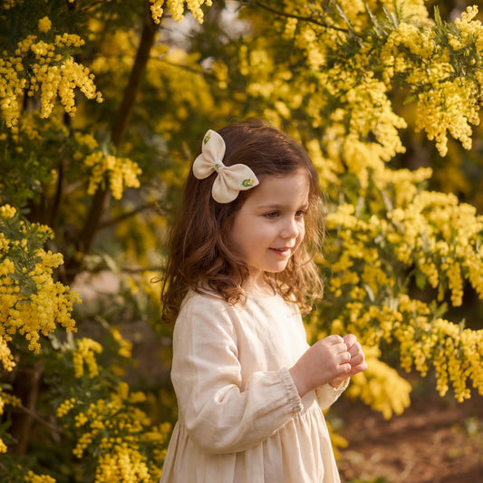 Blue linen bow with hummingbird and flower embroidery. Enchanted Flowers