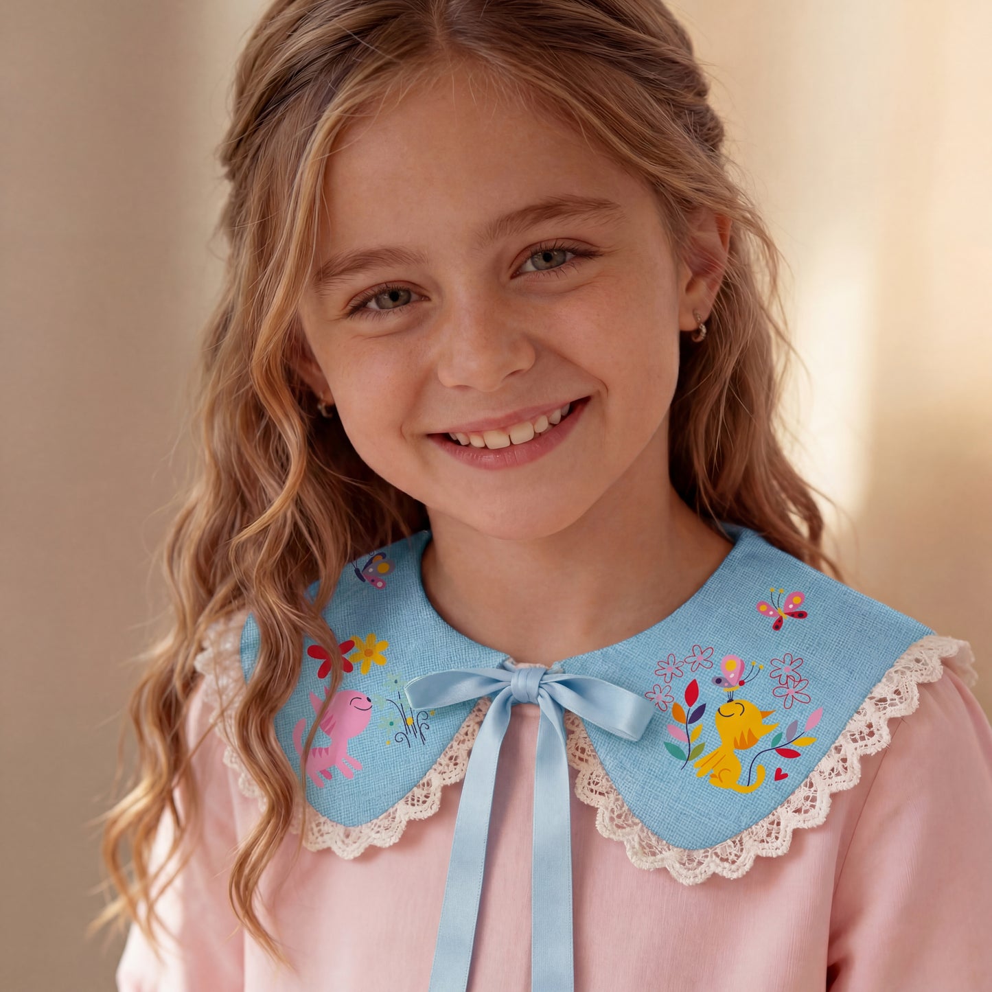 Colletto in lino azzurro per bambina con stampa illustrata