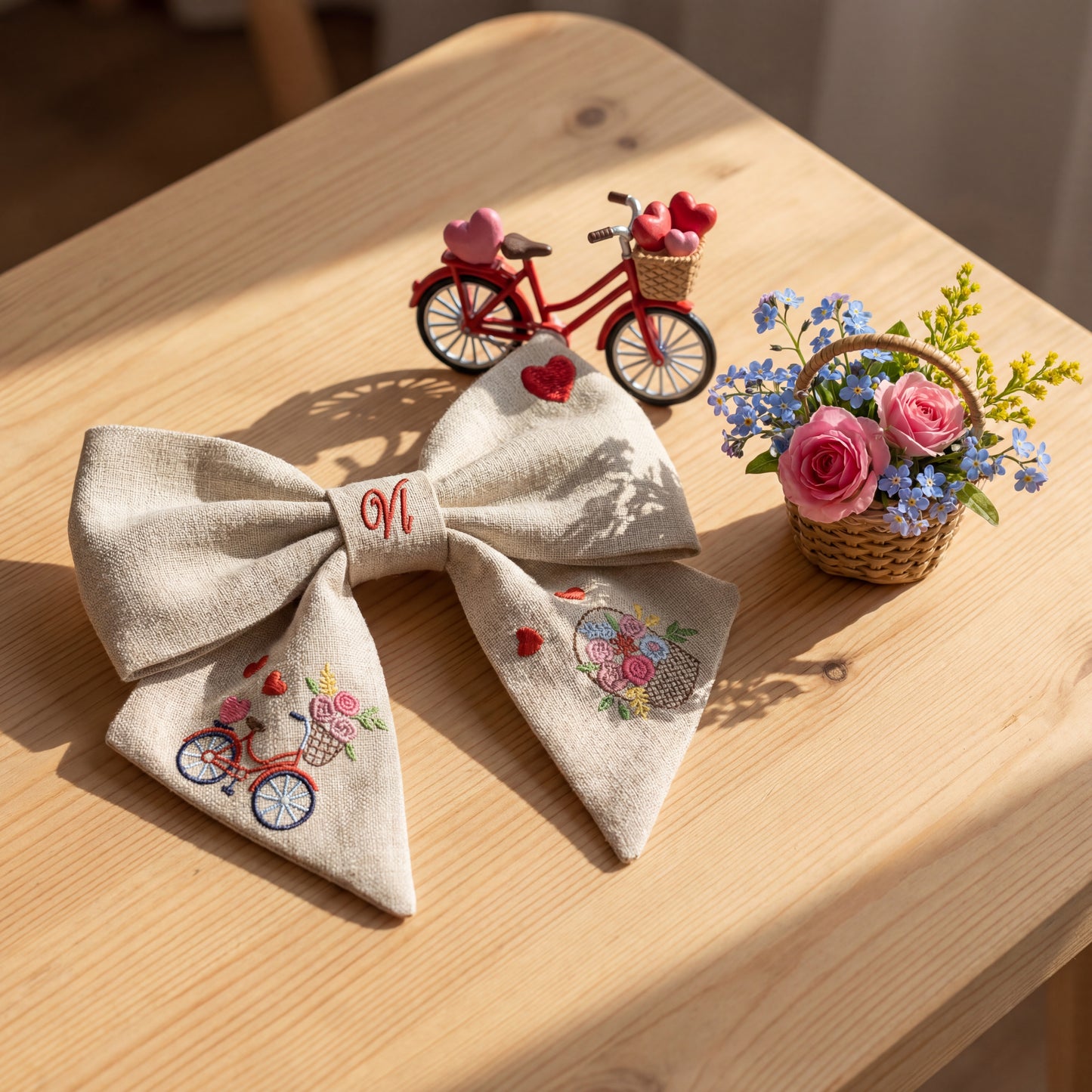 Fiocco in lino con ricamo “Bicicletta e fiori”. Collezione San Valentino