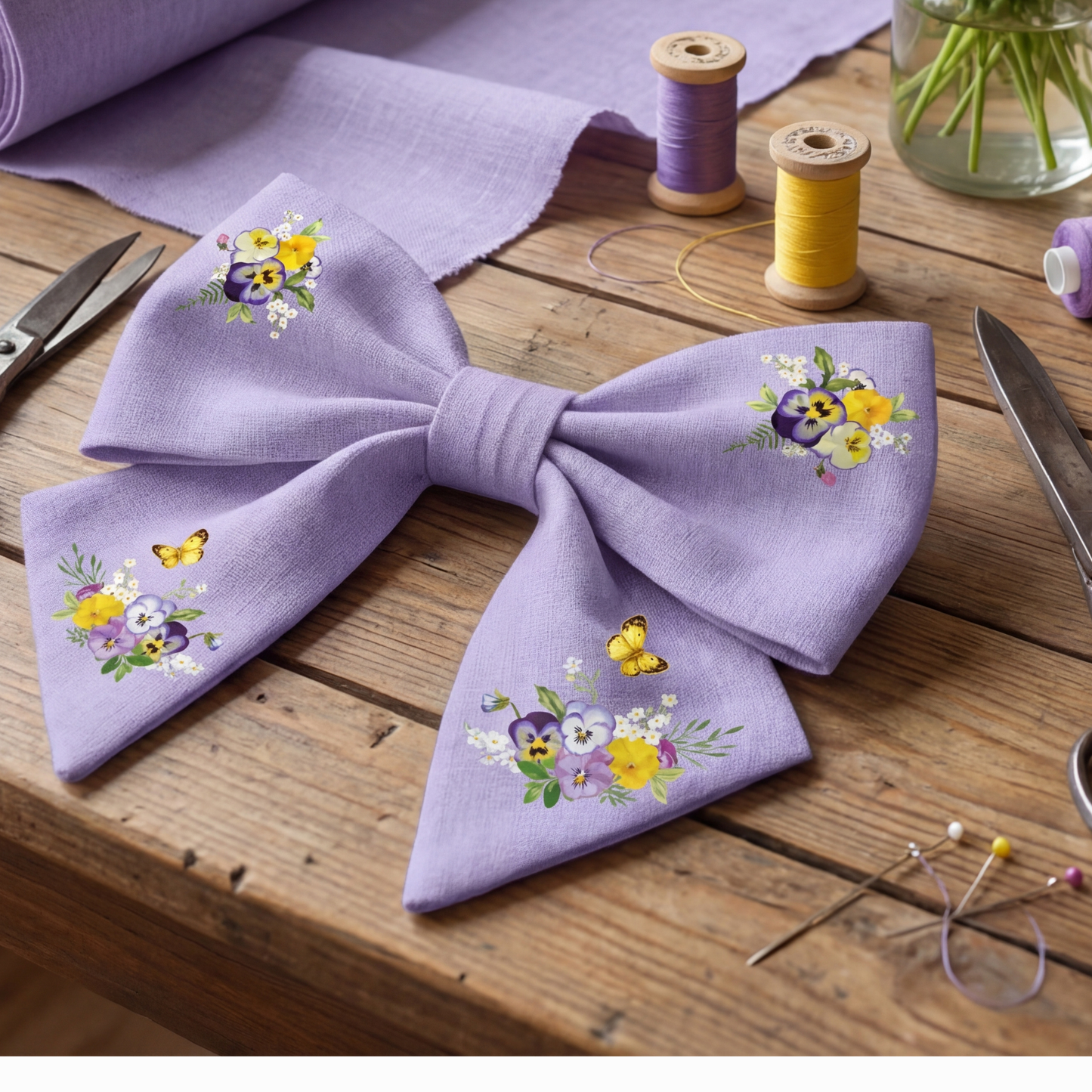 Fiocco in lino lilla con stampa floreale e farfalle