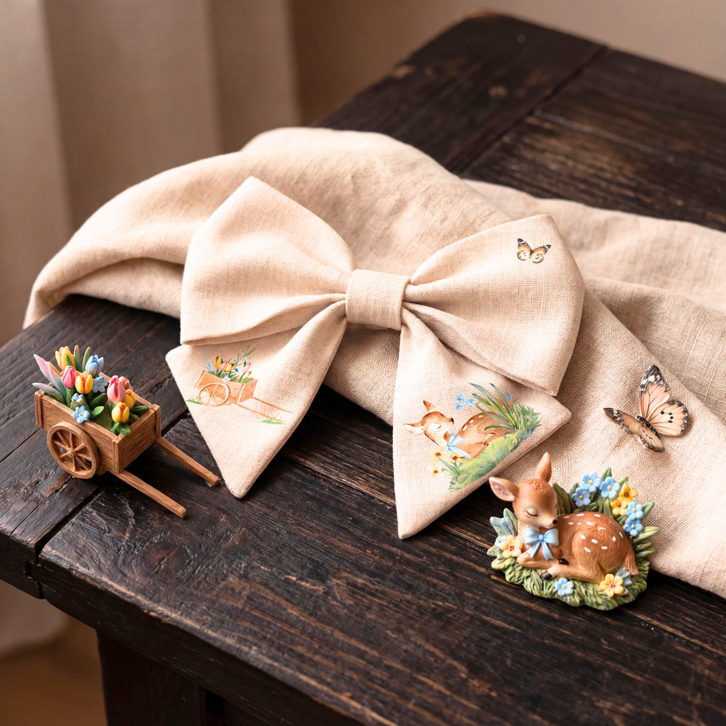 Haarschleife für Mädchen aus Leinen – Beige mit Rehkitz- und Blumenprint