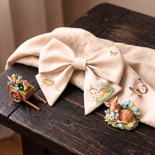 Fiocco per capelli in lino bambina – beige con stampa cerbiatto e fiori