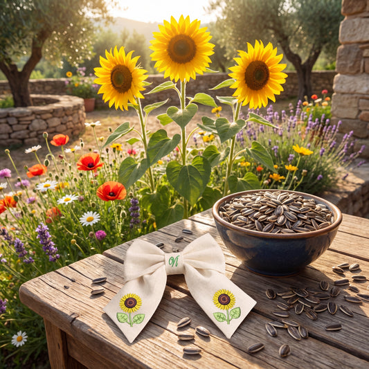 Haarschleife aus Leinen mit Sonnenblumenstickerei