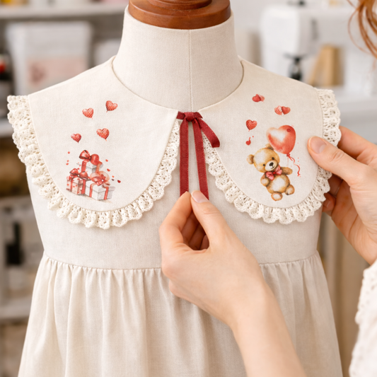 Colletto decorativo in lino beige con pizzo e stampa romantica San Valentino