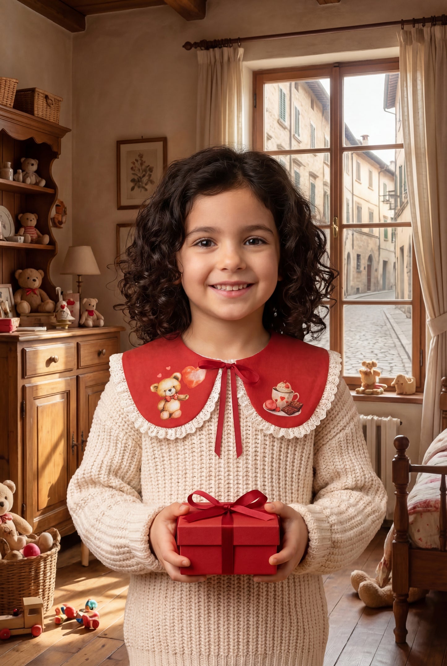 Colletto in lino rosso con orsetti e cuori San Valentino | Decorative collar