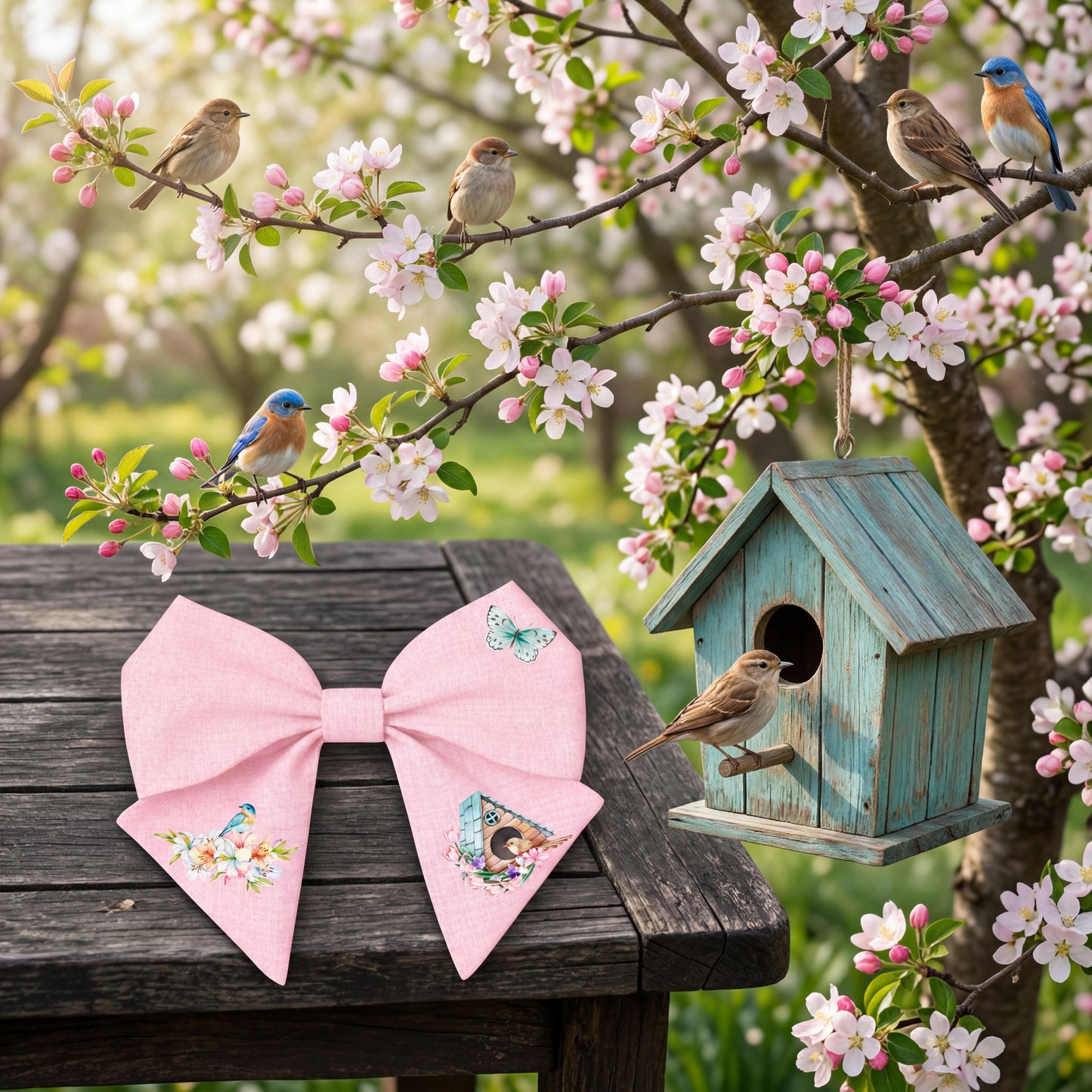 Fiocco per capelli in lino bambina – rosa con uccellino