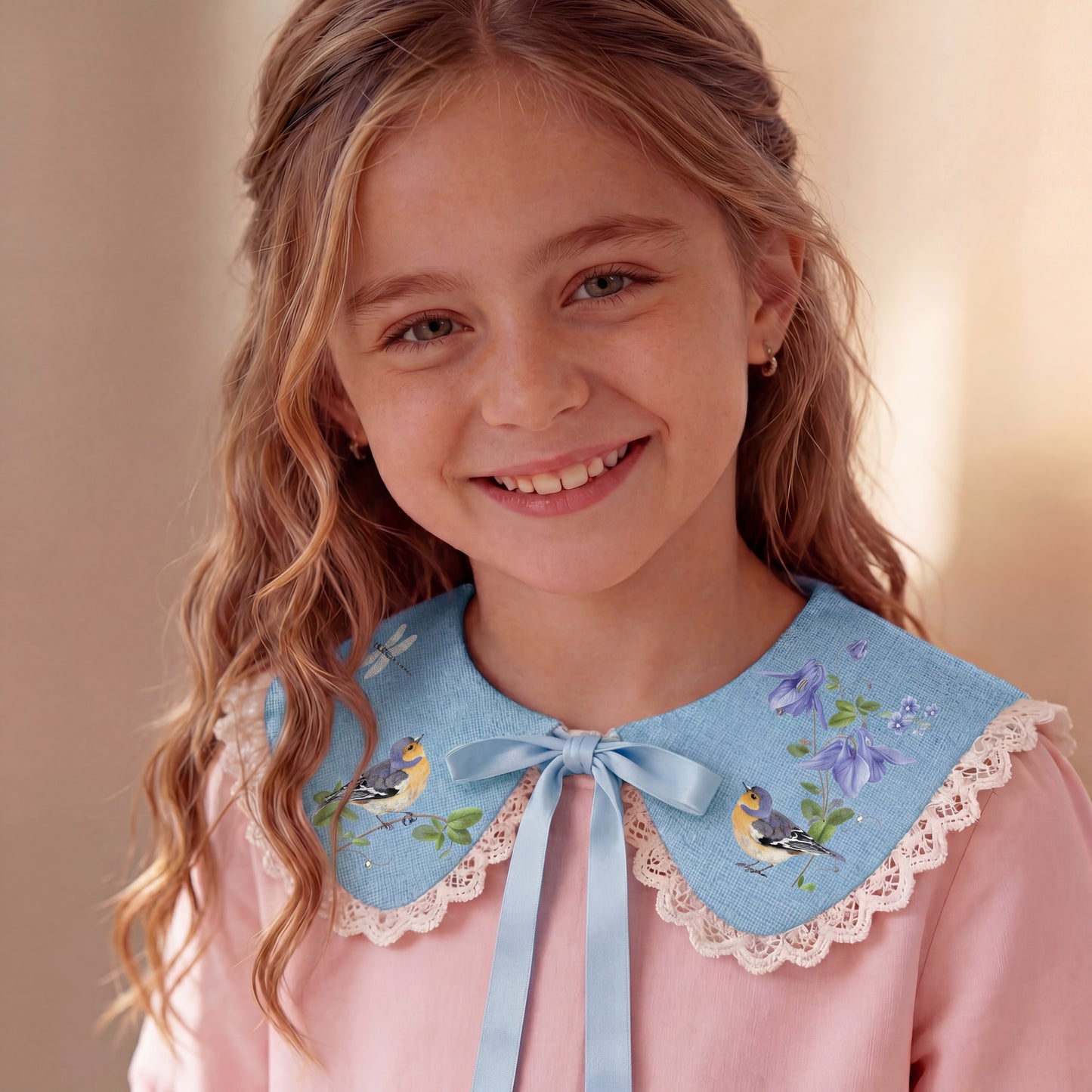 Colletto in lino azzurro bambina con uccellini e fiori